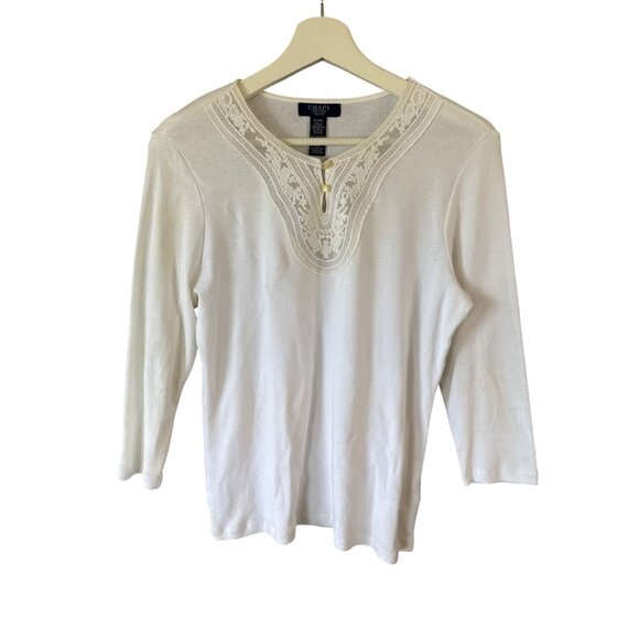 Chaps White Cotton Lace Trim Crochet Top Pearl Buttons 3/4 Sleeve Petite PL - Picture 1 of 7